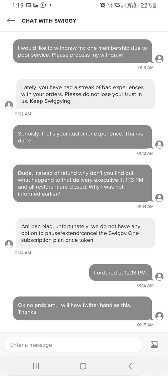 anirban_nag's tweet photo. Thank you for your customer serivce. I work at IT firm and I know feedback enhancement. But boy! You need some serious one!! @Swiggy https://t.co/yr7Qw03DJc