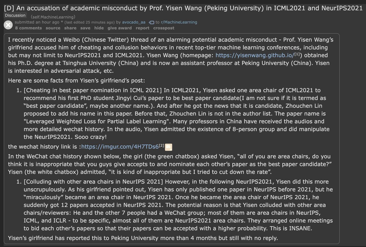 machine learning researchers learn to optimise their own best paper rate through collusion and other unregulated mechanisms

reddit.com/r/MachineLearn…
