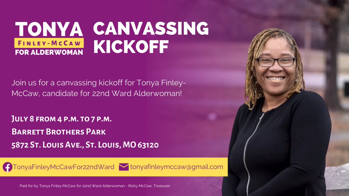 MccawTonya's tweet photo. Join me tomorrow for our campaign canvass kickoff Friday July 8, from 4 pm to 7 pm at Barrett Brother Park(5872 St. Louis Ave).

You can also join us Saturday July 9, from 1 pm to 4 pm at Barrett Brother Park(5872 St. Louis Ave). https://t.co/QBlTmlpu7Z