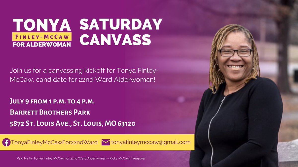 MccawTonya's tweet photo. Join me tomorrow for our campaign canvass kickoff Friday July 8, from 4 pm to 7 pm at Barrett Brother Park(5872 St. Louis Ave).

You can also join us Saturday July 9, from 1 pm to 4 pm at Barrett Brother Park(5872 St. Louis Ave). https://t.co/QBlTmlpu7Z