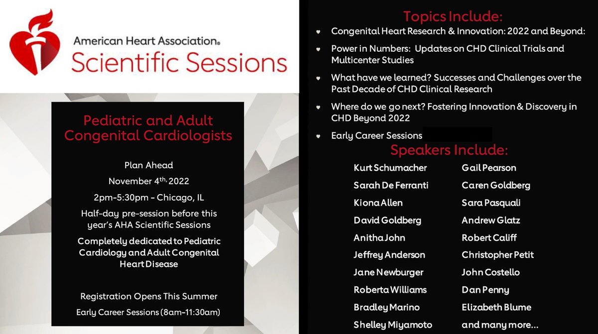 Peds content starts on Friday, Nov 4th (a day early) - Save the Date for extra #PedsCards #CHD #ACHD and #EarlyCareer content at #AHA22 .

#AHAYoungHearts @AHAMeetings @AHAScience