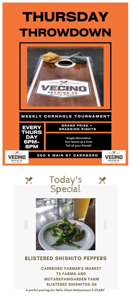 Beers, bean bags, and...blistered shishitos? Hell yeah, doors open at 4, get down here 🍻
#cornhole #CraftBeer #ncbeer