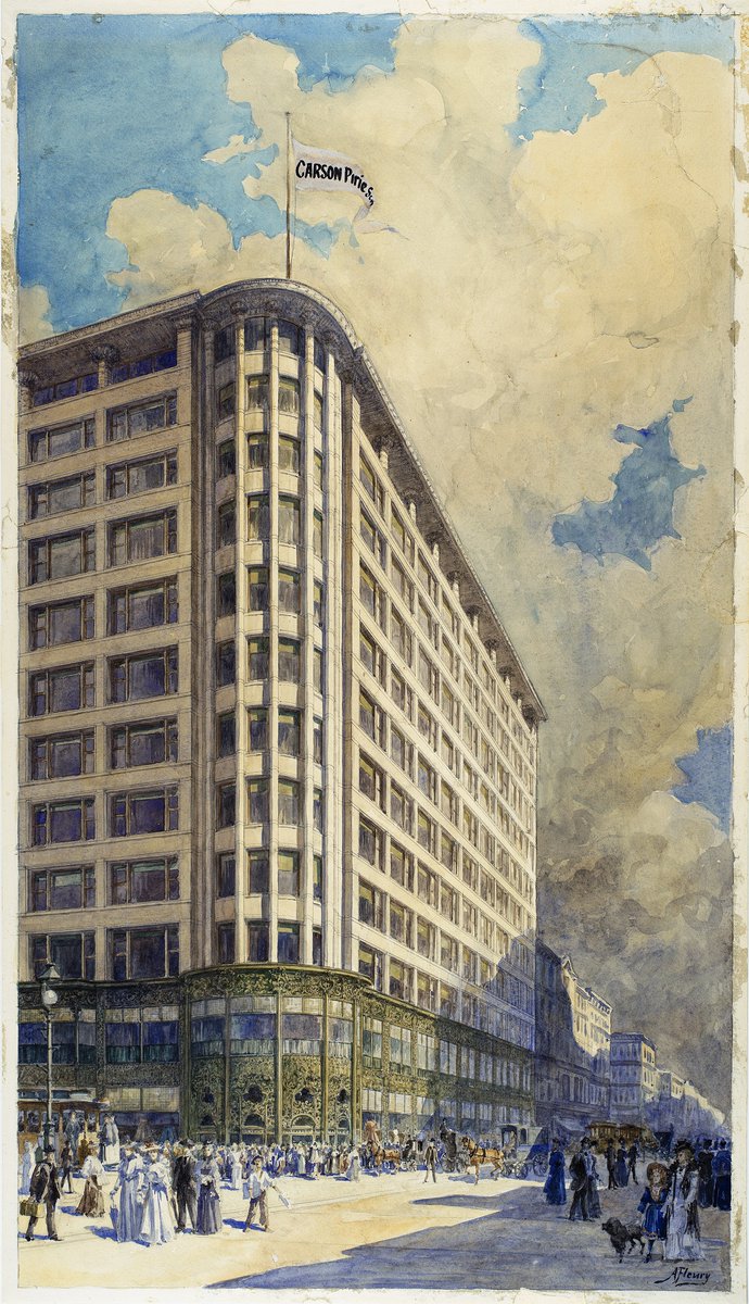 ChicagoMuseum's tweet photo. July is #WorldWatercolorMonth. This watercolor rendering by Albert-Francois Fleury (1848–1924) shows the view looking SE at Carson, Pirie, Scott &amp; Co., State &amp; Madison Sts., 1903. Fleury was a member of the Chicago Watercolor Club. See more: https://t.co/wbxthFoscS #inTheLoopChi https://t.co/6KEI9yvjte