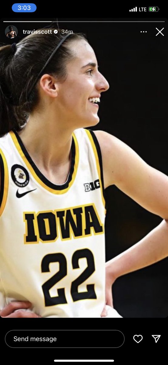 DavidEickholt's tweet photo. International Rap Star Travis Scott posts Iowa star Caitlin Clark on his Instagram story. Scott has 45.8 million followers. https://t.co/QZPGMXtES1