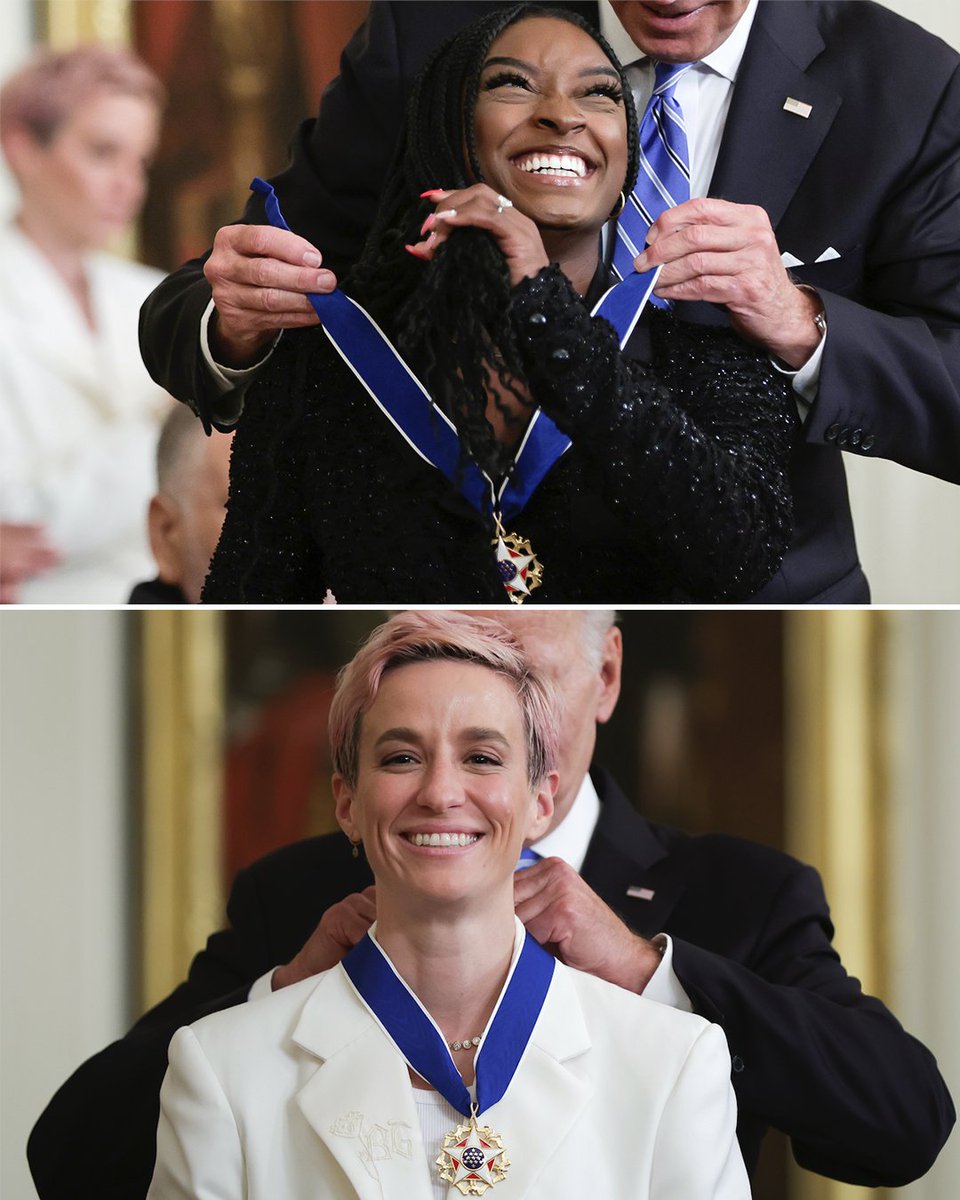 espn's tweet image. Simone Biles and Megan Rapinoe were awarded the Presidential Medal of Freedom Thursday at the White House 👏 

#ThatsaW | @espnW