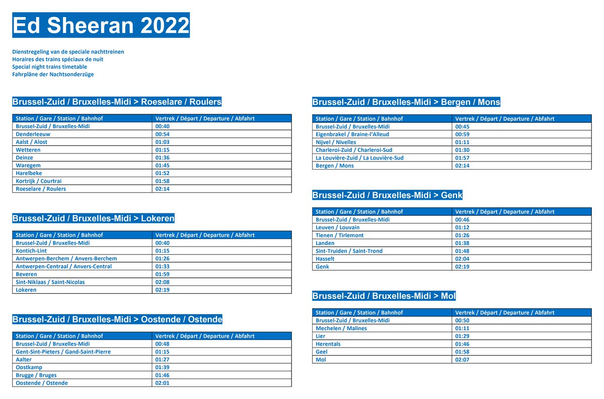 Thanks, <a href="/TicketmasterBeF/">TicketmasterBelgique</a> &amp; <a href="/SNCB/">SNCB</a> for a grand total of 1 train back to (S-W) Belgium from <a href="/edsheeran/">Ed Sheeran HQ</a> in Brussels. I guess anyone living in Liège, Namur &amp; Lux provinces should book a hotel or a 150€+ taxi ride?
Actual thx to <a href="/TaxisVerts/">Taxis Verts</a> &amp; <a href="/Uber/">Uber</a> for the ride back home already…