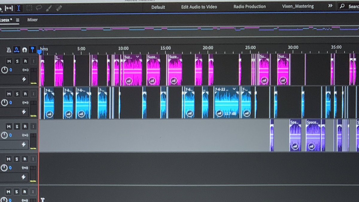 BigTentSocial's tweet photo. About to mix down this weekβs #AllThingsAudio podcast. For the #AudioGeeks out there the pink track is me, the blue track is Madalyn and the Purple track is the recording of the full space. https://t.co/vSenh7YnFk