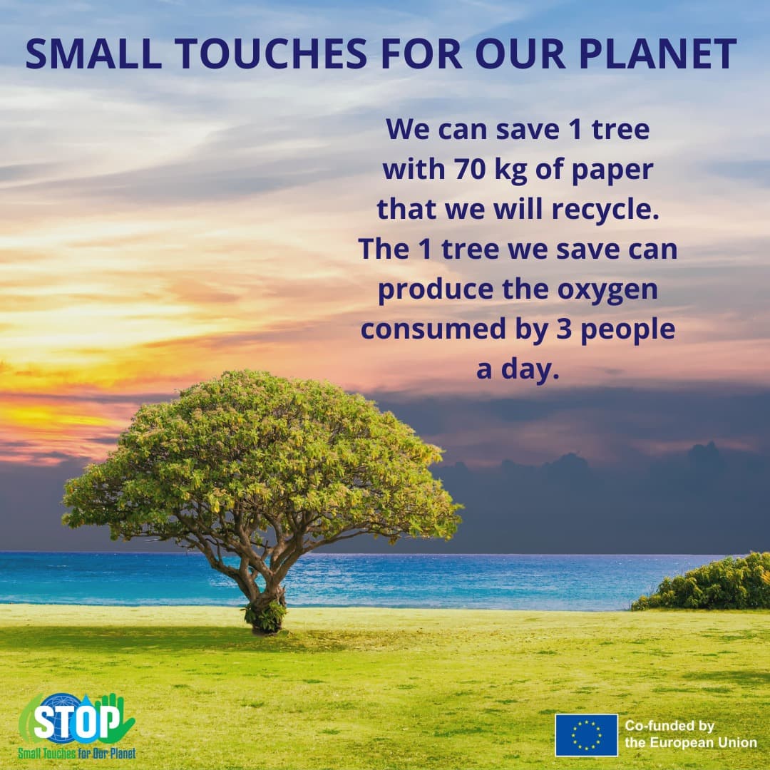 STOPForPlanet's tweet photo. 🌳 We can save 1 tree with 70 kg of paper that we will recycle. The 1 tree we save can produce the oxygen consumed by 3 people a day.
#stopforplanet
#smalltouchesforourplanet
#erasmusplus
#greenrevolution
#saveplanet
#noplanetBerasmus https://t.co/tOKnQRYf2H