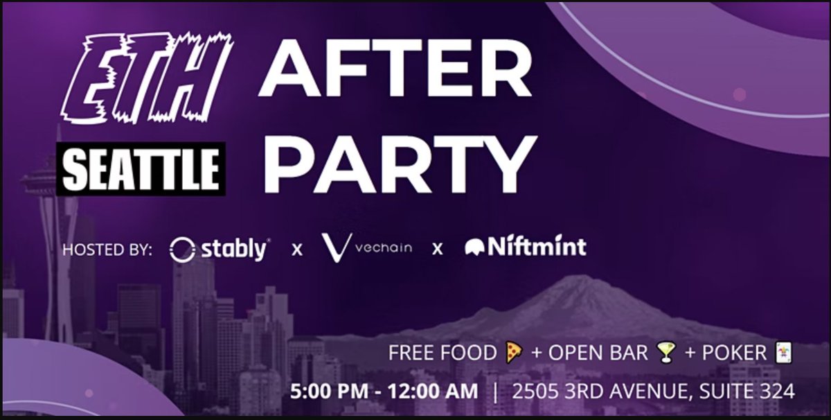 Greetings, #Seattle #cryptonauts!

<a href="/Stably_Official/">Stably</a>  will be hosting an afterparty for <a href="/ETH_Seattle/">ETH Seattle</a>  along with <a href="/vechainofficial/">VeChain</a>  and <a href="/niftmint/">Niftmint</a> , starting at 5PM on July 8th (the main event will end at 4PM) ♠️♦️♣️♥️