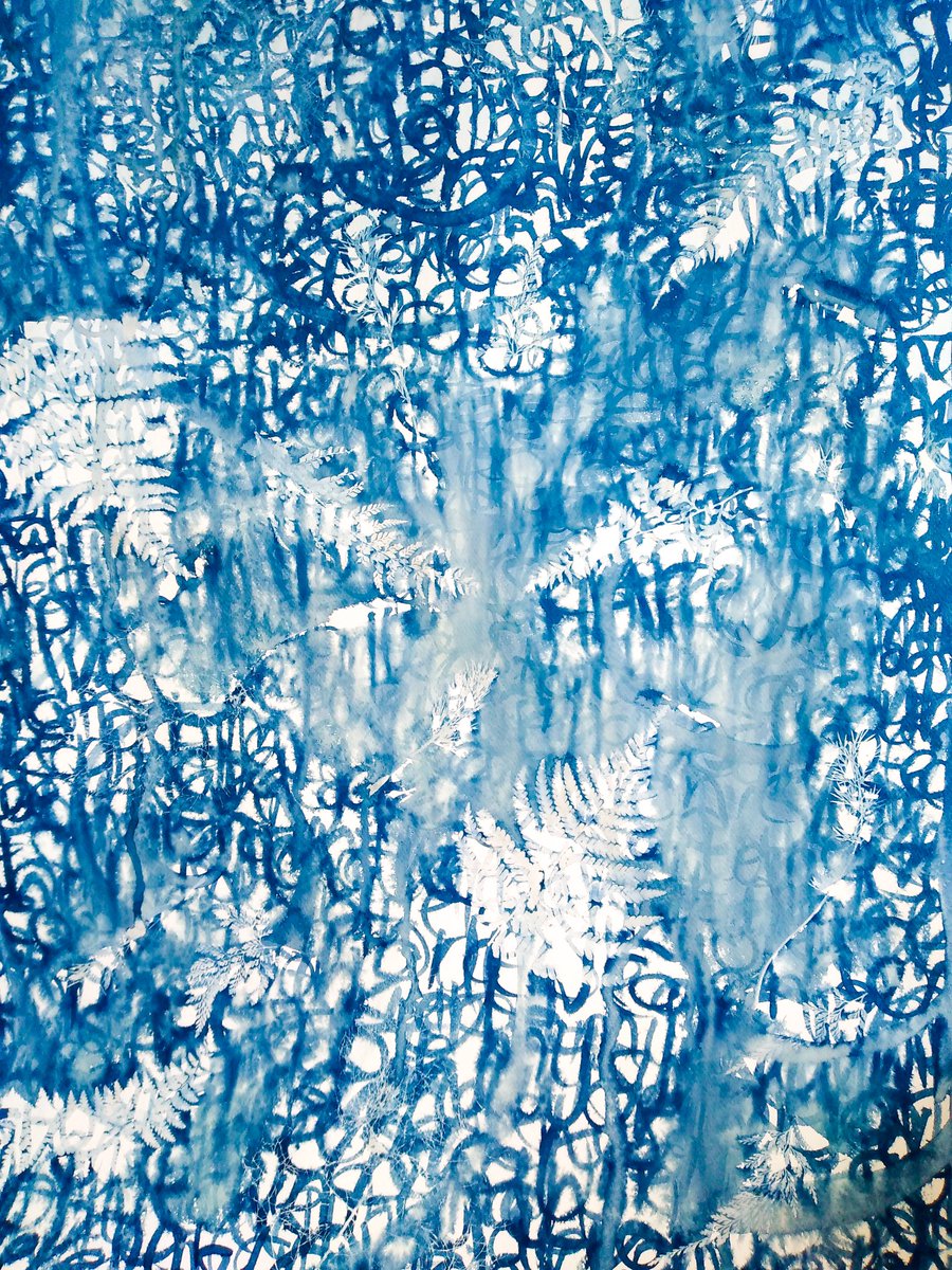 maverickart's tweet image. Passages of this are nice, but the composition chaotic. A0 large scale. Combining automatic writing with #wetcyanotype process. Experiments upon experiments #photography #cameralessphotography