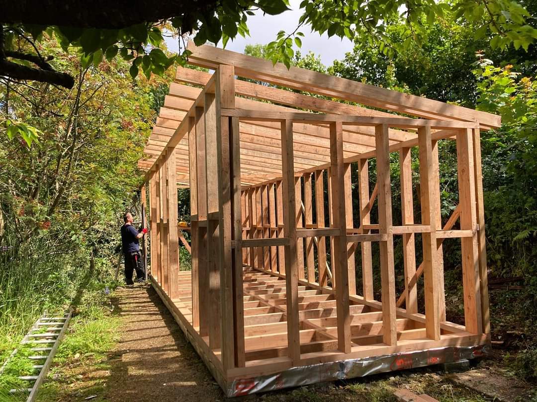 The frame is up for our latest project! This design would perfectly suit a garden pavilion or large studio space and it really highlights the sturdy Welsh larch frame we use for all of our structures. 
#larch #handmade #welshtimber #sustainability #gardenoffice #gardenstudio