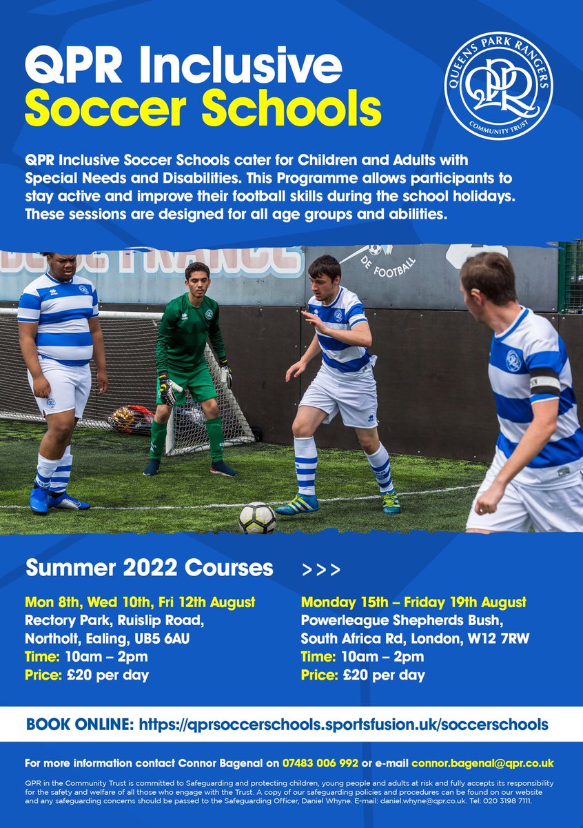 ⚽️ 𝗝𝗼𝗶𝗻 𝗶𝗻!

We are delighted to be offering you our fantastic 𝗜𝗻𝗰𝗹𝘂𝘀𝗶𝘃𝗲 𝗦𝗼𝗰𝗰𝗲𝗿 𝗦𝗰𝗵𝗼𝗼𝗹𝘀. 

To book your place head to: qprsoccerschools.sportsfusion.uk/soccerschools/… 

#QPR | #Inclusive
