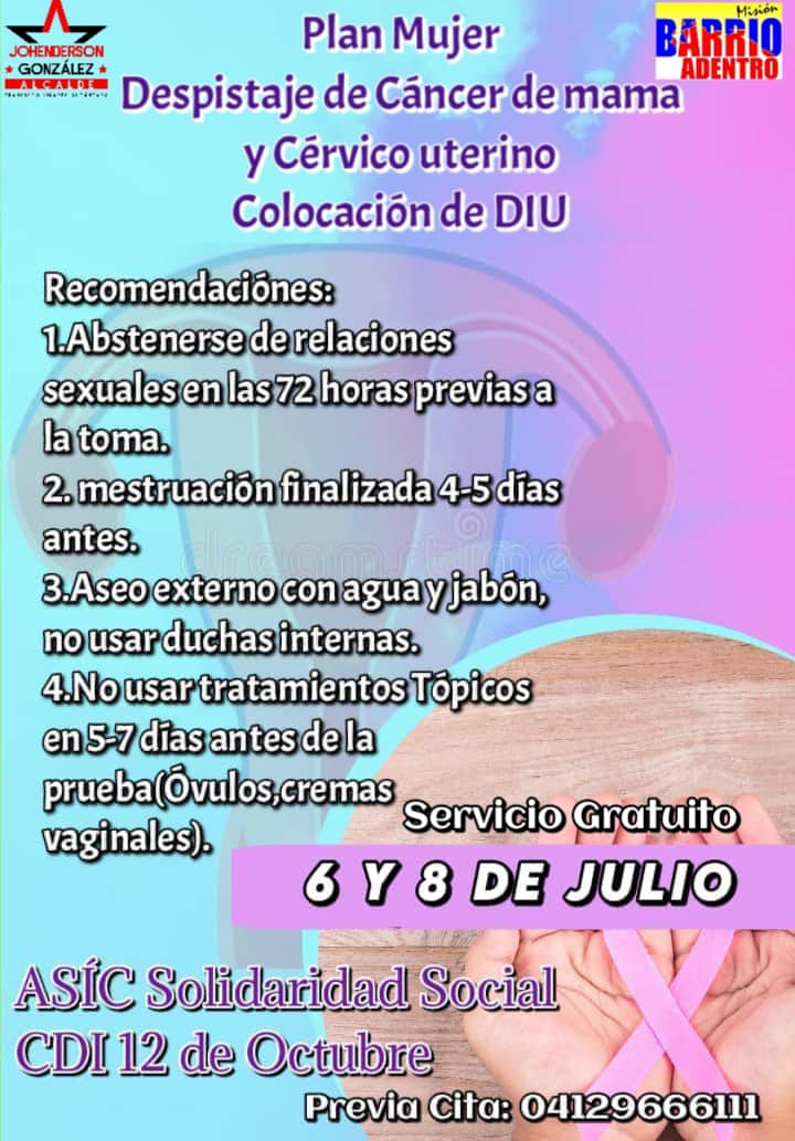 #8Julio// Seguimos el día de mañana con el PLAN MUJER
!TE ESPERAMOS! en las Instalaciones del CDI 12 de octubre
#PlanMujer
#SaludParaTodos 
<a href="/Soykarinacarpio/">Karina Carpio</a> 
<a href="/DraShirleySalud/">Dra. Shirley Hernández</a> 
@SSM_SaludAragua 
<a href="/NicolasMaduro/">Nicolás Maduro</a>