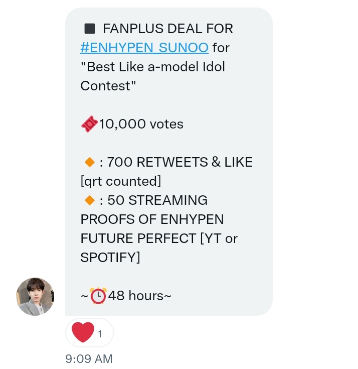 091820_'s tweet image. ◾ FANPLUS DEAL FOR #ENHYPEN_SUNOO for "Best Like a-model Idol Contest"

🎟️10,000 votes

🔸: 700 RETWEETS &amp;amp; LIKE [qrt counted]
🔸: 50 STREAMING PROOFS OF ENHYPEN FUTURE PERFECT [YT or SPOTIFY]

~⏰48 hours~

#ENFuelUp #ENHYPEN