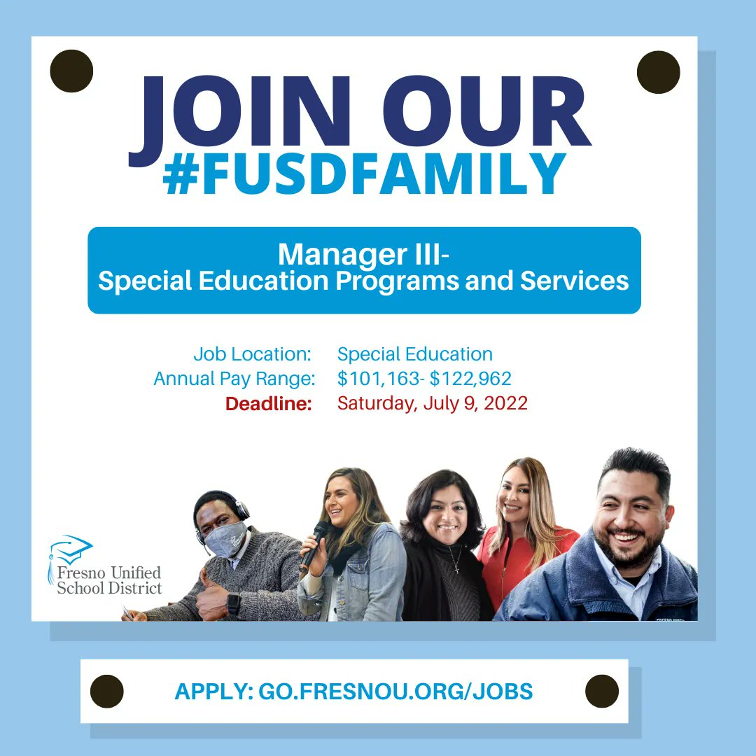 fresnounified's tweet photo. We're hiring a Manager III for our School Psychological Services Department to assist in organizing and designing psychological services provided to school sites. For more info and to apply, visit: https://t.co/ESyj49N2gu #SPEDJobs #Hiring https://t.co/ez25NqkPUj