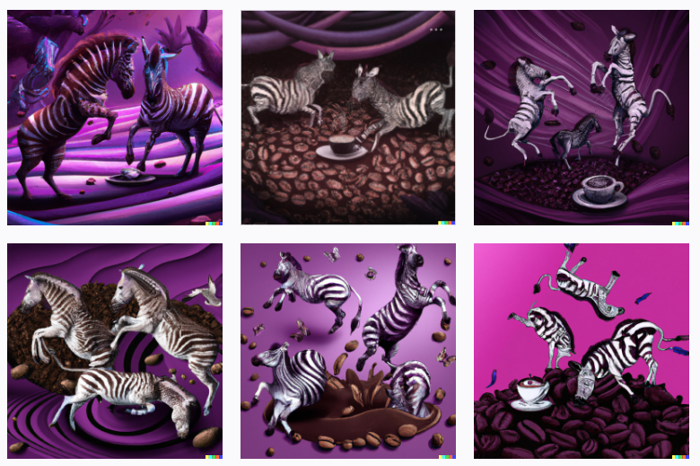 pharmapsychotic's tweet photo. "zebras surfing on coffee beans in the purple koolaid of the queen" testing prompts in the #AiArtChill space on #dalle2 https://t.co/w3iCODmz4o