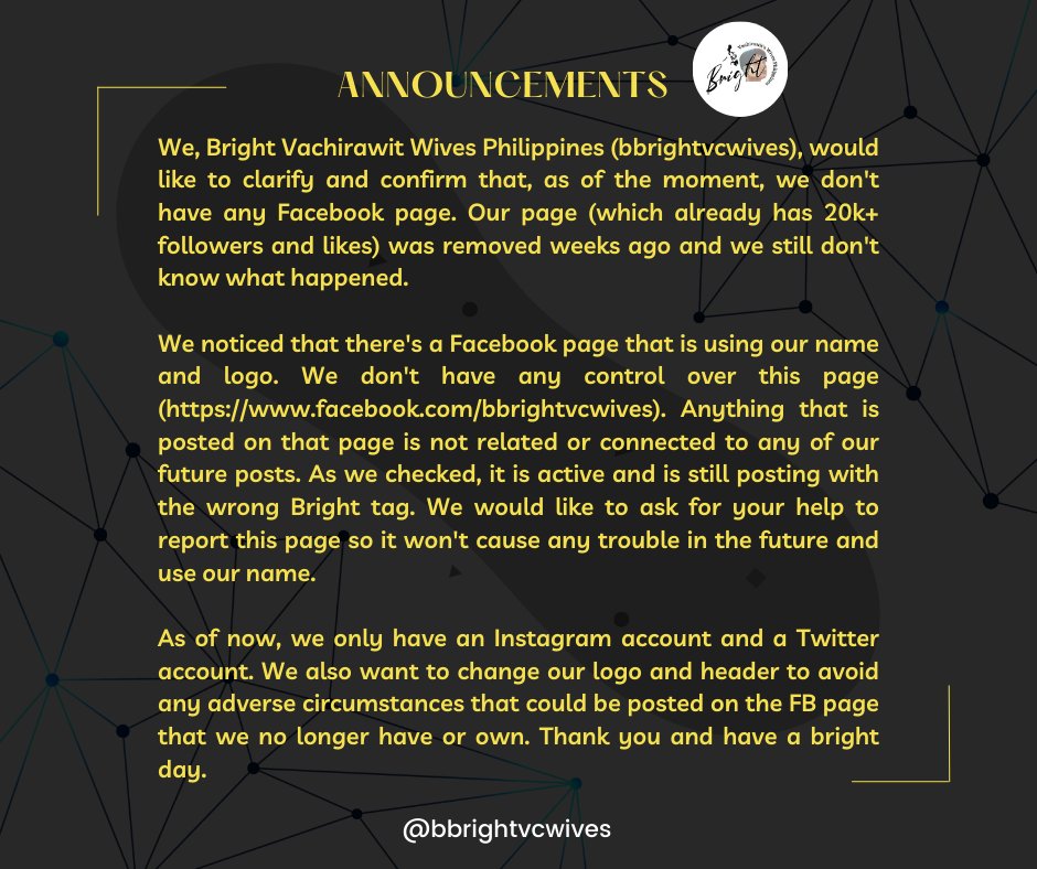 bbrightvcwives's tweet photo. This is an official statement regarding a Facebook page that is using our name and logo. We are calling for your help to report the page so it won't cause any trouble in the future. 
https://t.co/iVStdz5Dku

Please take the time to read the poster below. Thank you.🙏🏻

#bbrightvc https://t.co/V8gWKNMGj3