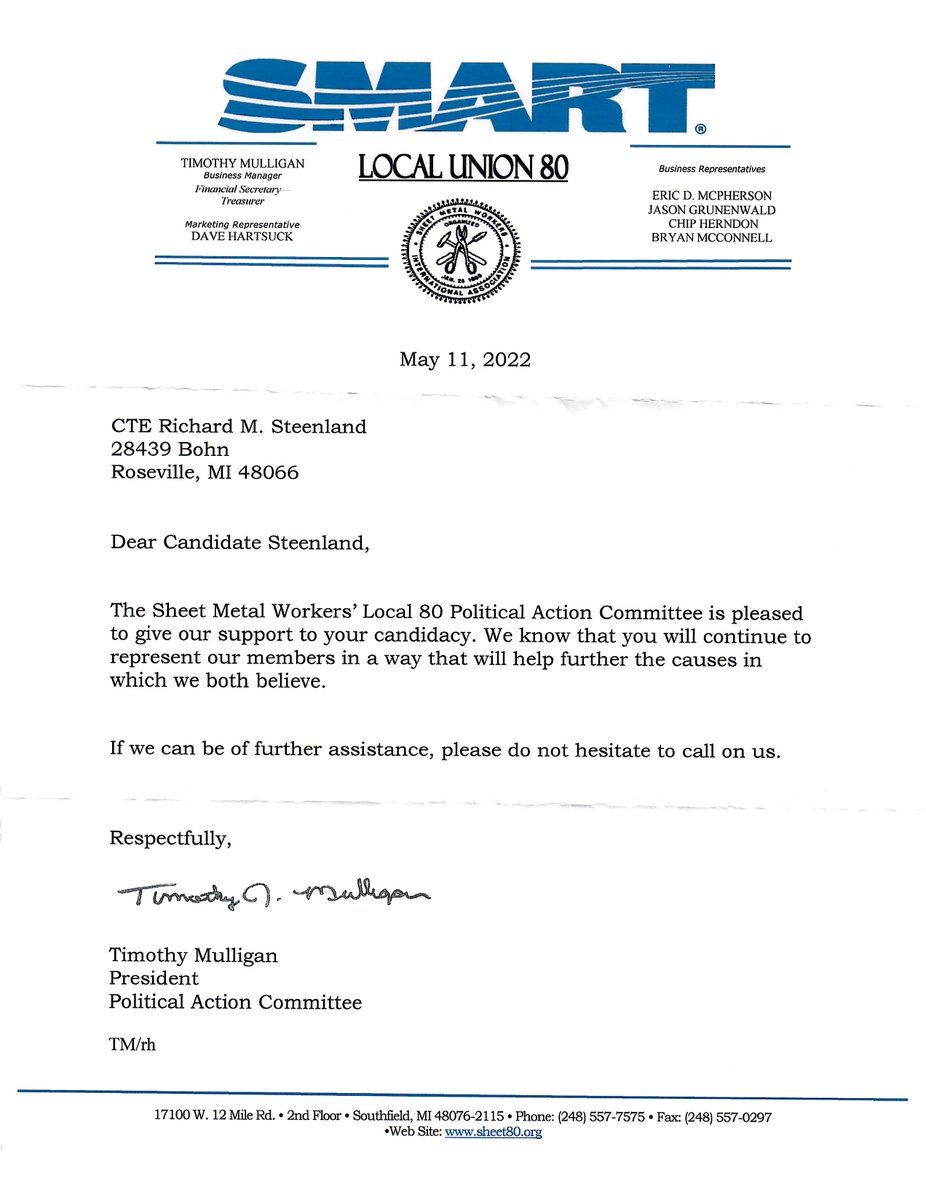 richsteenland's tweet photo. I would just like to thank the Sheet Metal Workers' Local 80 for their support and endorsement of my re-election to the Michigan House in the new 12th House District! #TeamSteen https://t.co/mzNPYztm0q