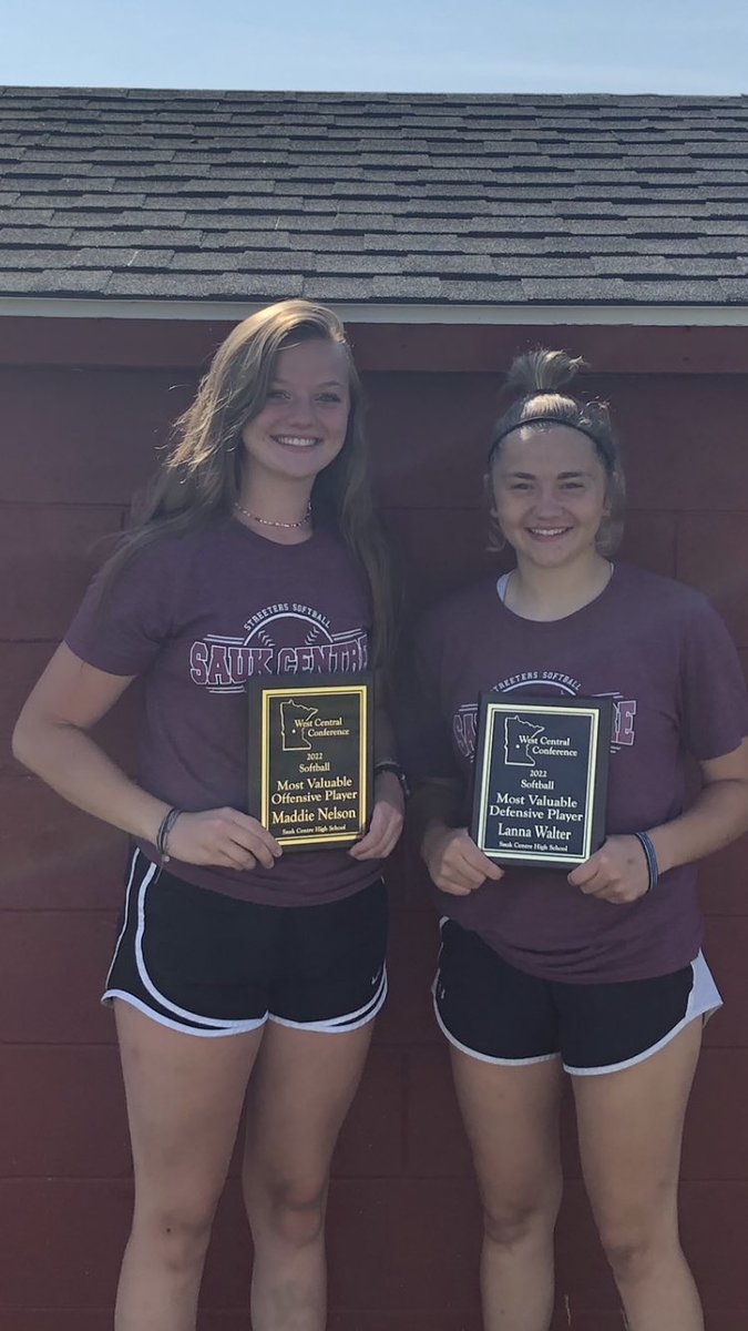 SCSball's tweet photo. A season full of records brings some hardware to Mainstreeter Softball!  Congratulations Maddie Nelson (west central conference offensive player of the year)!  Lanna Walter (west central conference defensive player of the year)!  @mfnel3 @walter_lanna https://t.co/G2Ruoabwhh