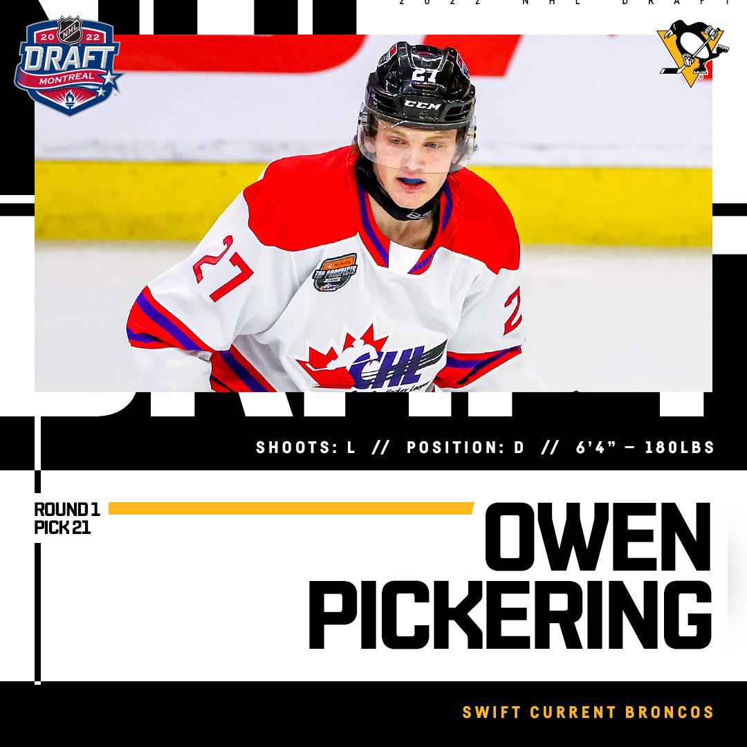 With the 21st pick in the 2022 #NHLDraft, the Pittsburgh Penguins select defenseman, Owen Pickering. Welcome to Pittsburgh!