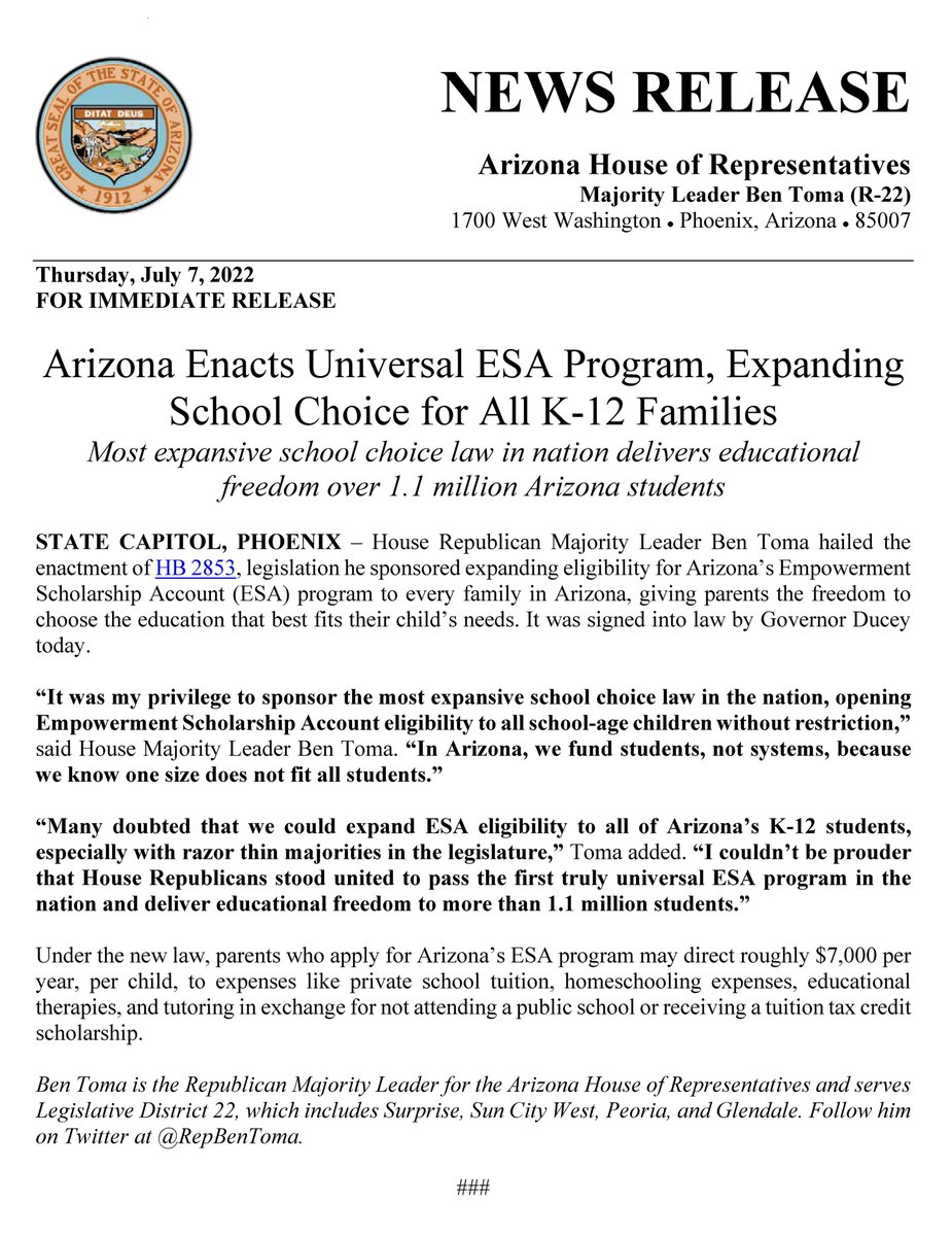 AZHouseGOP's tweet image. House Majority Leader @RepBenToma Hails Enactment of Universal ESA Program, Expanding School Choice for All K-12 Families.

Read more on the law he sponsored to deliver educational freedom throughout Arizona 👇
bit.ly/3aunawC  

#AZleg