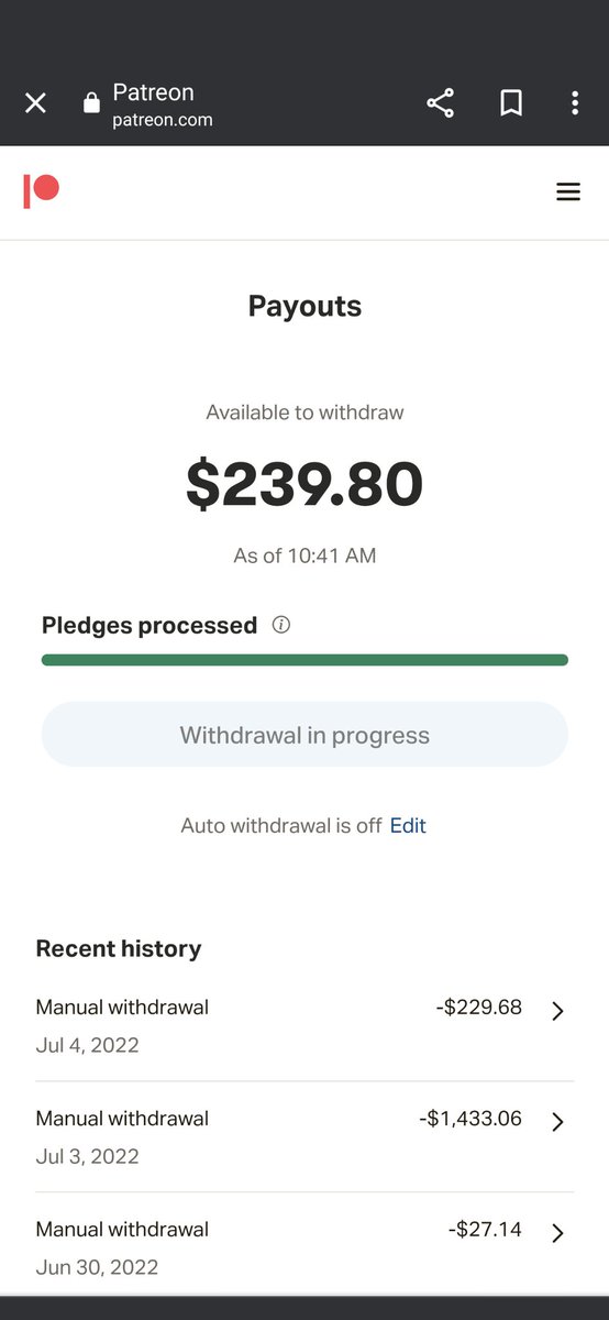 RHGSpooN's tweet photo. @PatreonSupport hey the withdrawal button has been frozen as "withdrawal in progress" for 3 days and I can't get my money. CS hasn't helped at all. https://t.co/nuG6gX02IP