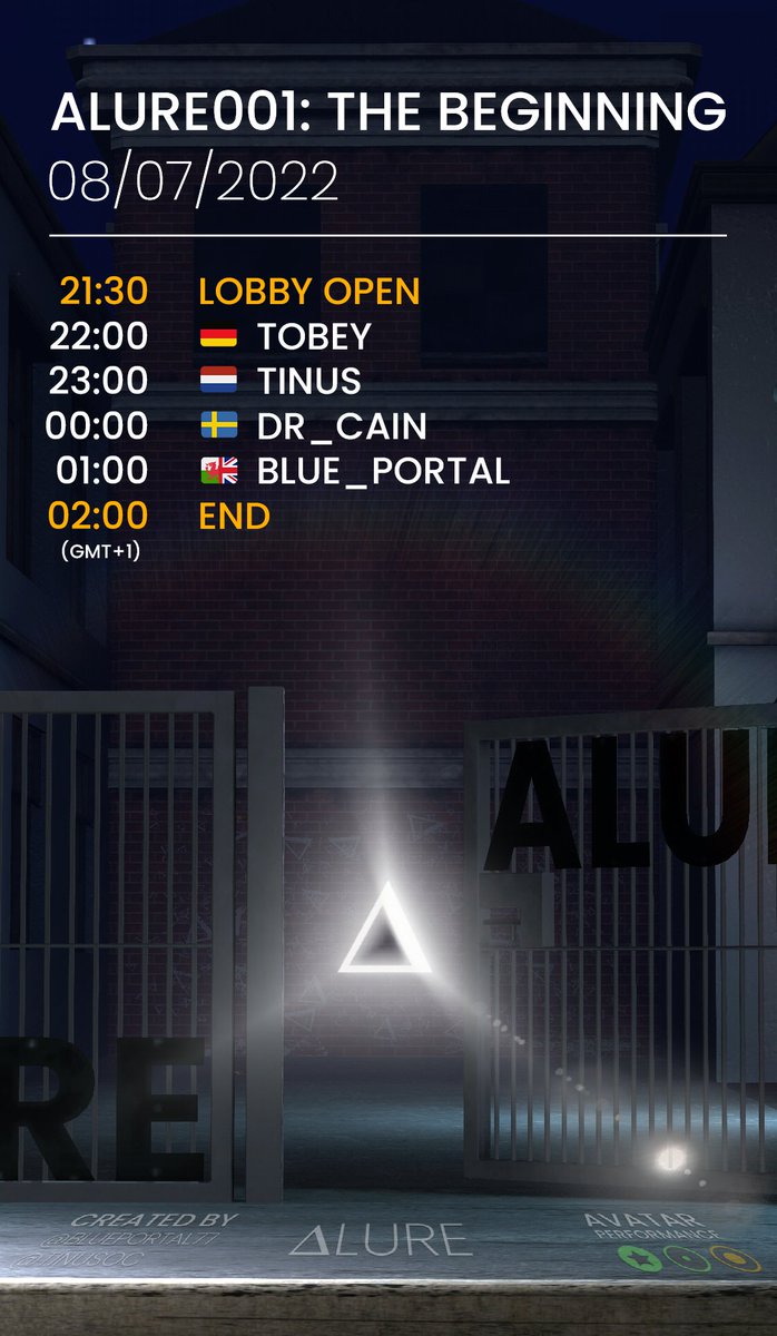ClubAlure's tweet photo. The previous stress testing event was incredibly insightful for us. ALURE is now ready to have its first official event. Hope to see you there :) 

ALURE001: THE BEGINNING
8/7/22
Doors Open 21:30 (UK Time)
JOIN ALUREBOT OR BLUE_PORTAL77

USE MEDIUM OR BETTER AVATAR PERFORMANCE! https://t.co/Fjp2uq64Ys