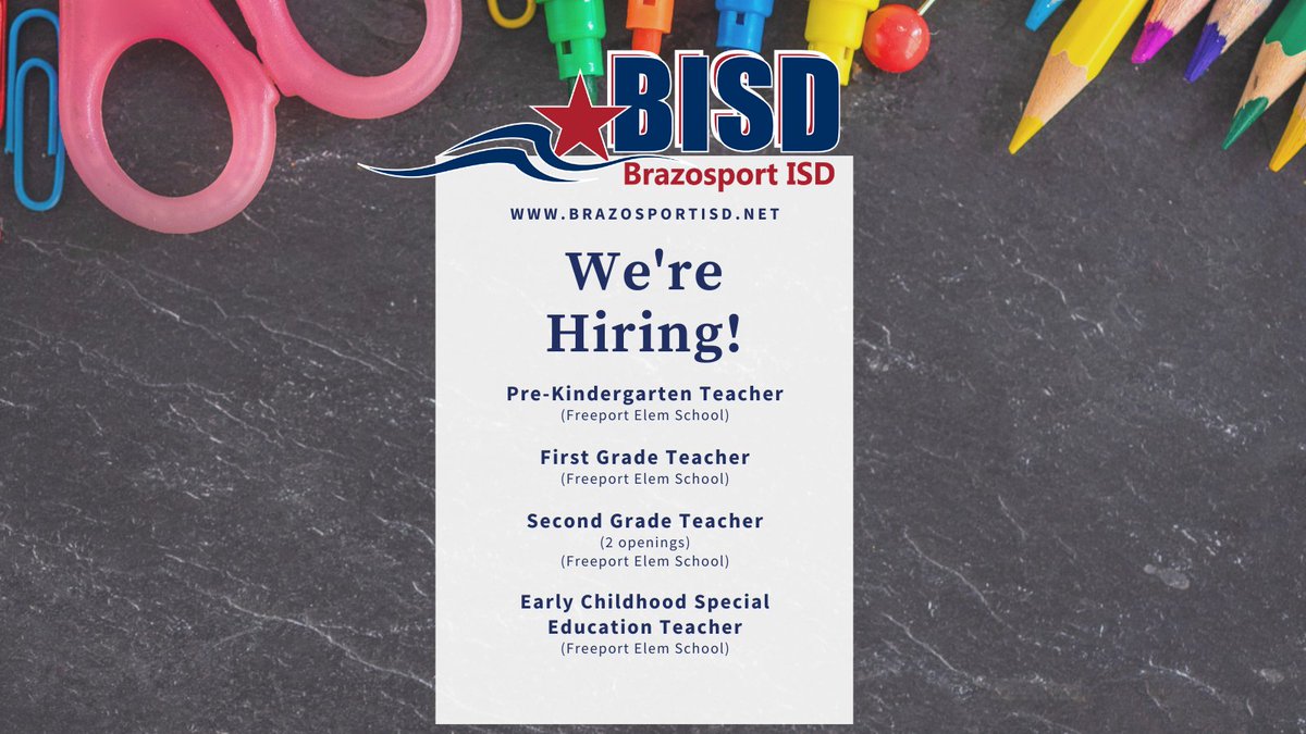 The Freeport Elementary Dolphins are looking for some additions to their team! Interested candidates can visit our website to view job details & apply! applitrack.com/brazosportisd/… #BISDpride #FromHereAnythingIsPossible