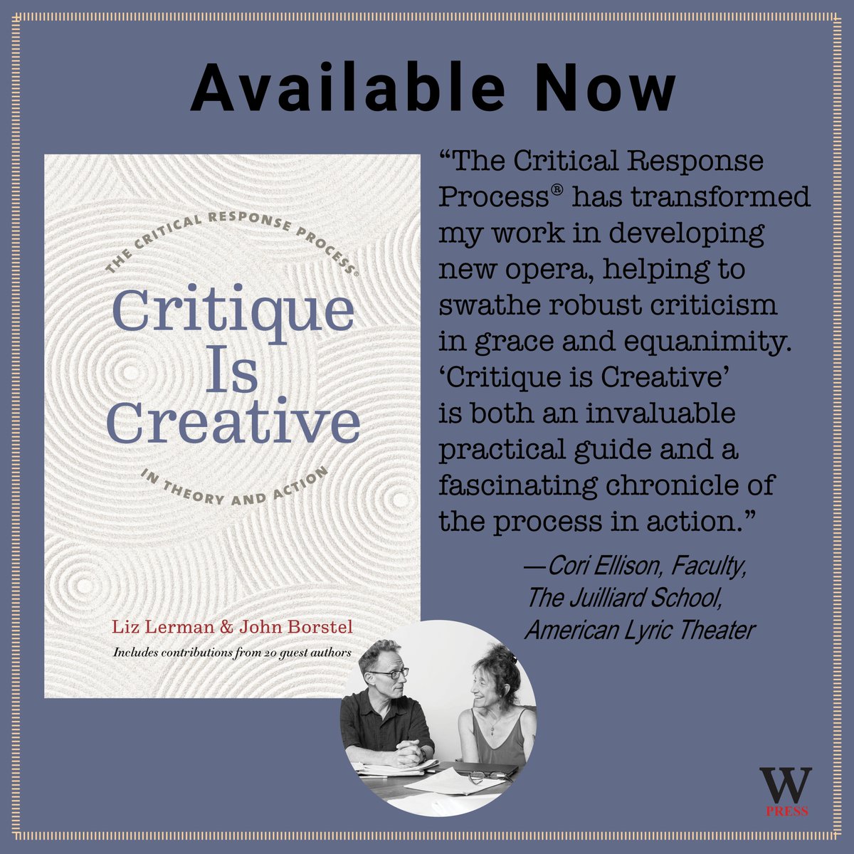 test Twitter Media - "Critique Is Creative: The Critical Response Process® in Theory and Action" by Liz Lerman & John Borstel w/ a host of eclectic contributors from various disciplines. Use code Q301 at https://t.co/hisEkUfeO6 for 30% off.  #LizLerman #JohnBorstel #criticalresponseprocess https://t.co/FWYPKHtEHk
