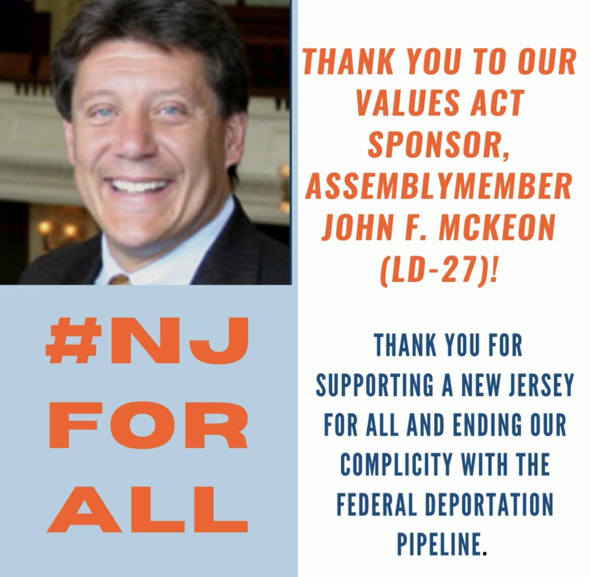 Another #ValuesAct sponsor! Huge shoutout to Assemblymember <a href="/JohnFMcKeon/">John F. McKeon</a> for being a #ValuesAct co-sponsor! 🌟

Thank you for standing up for the inclusion of the immigrant community at all levels and creating an #NJForAll 💐