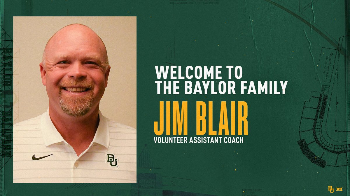 BaylorBaseball's tweet photo. Another former Bear is coming home!

Help us welcome Jim Blair as our volunteer assistant coach and camp director!

🗞: https://t.co/JvZ5PFjj26

#SicEm 🐻⚾️ | @JimBlair17 https://t.co/gcgXOUc0b3