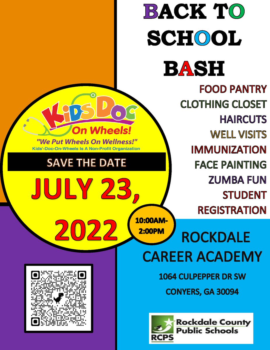 RockdaleSchools's tweet photo. Join RCPS &amp; Kids'-Doc-On-Wheels for a Back to School Bash July 23, 2022, 10AM-2PM @ Rockdale Career Academy. Resources include Student Registration help, immunizations, haircuts, food pantry, clothing closet, &amp; more. To register for medical services, visit https://t.co/x4Lb9szglz https://t.co/VDcuMmXTFe