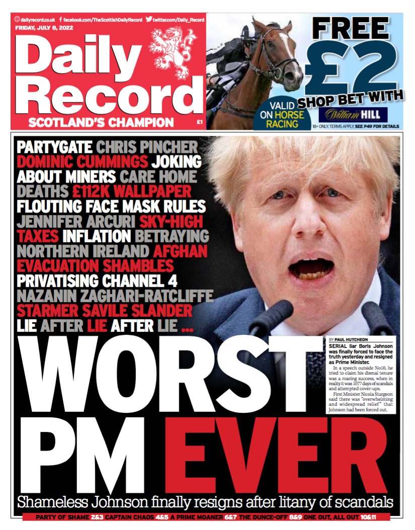 Tomorrow's front page leads on serial liar Boris Johnson finally being forced to face the truth and resign as Prime Minister. #tomorrowspaperstoday #scotpapers @hendopolis