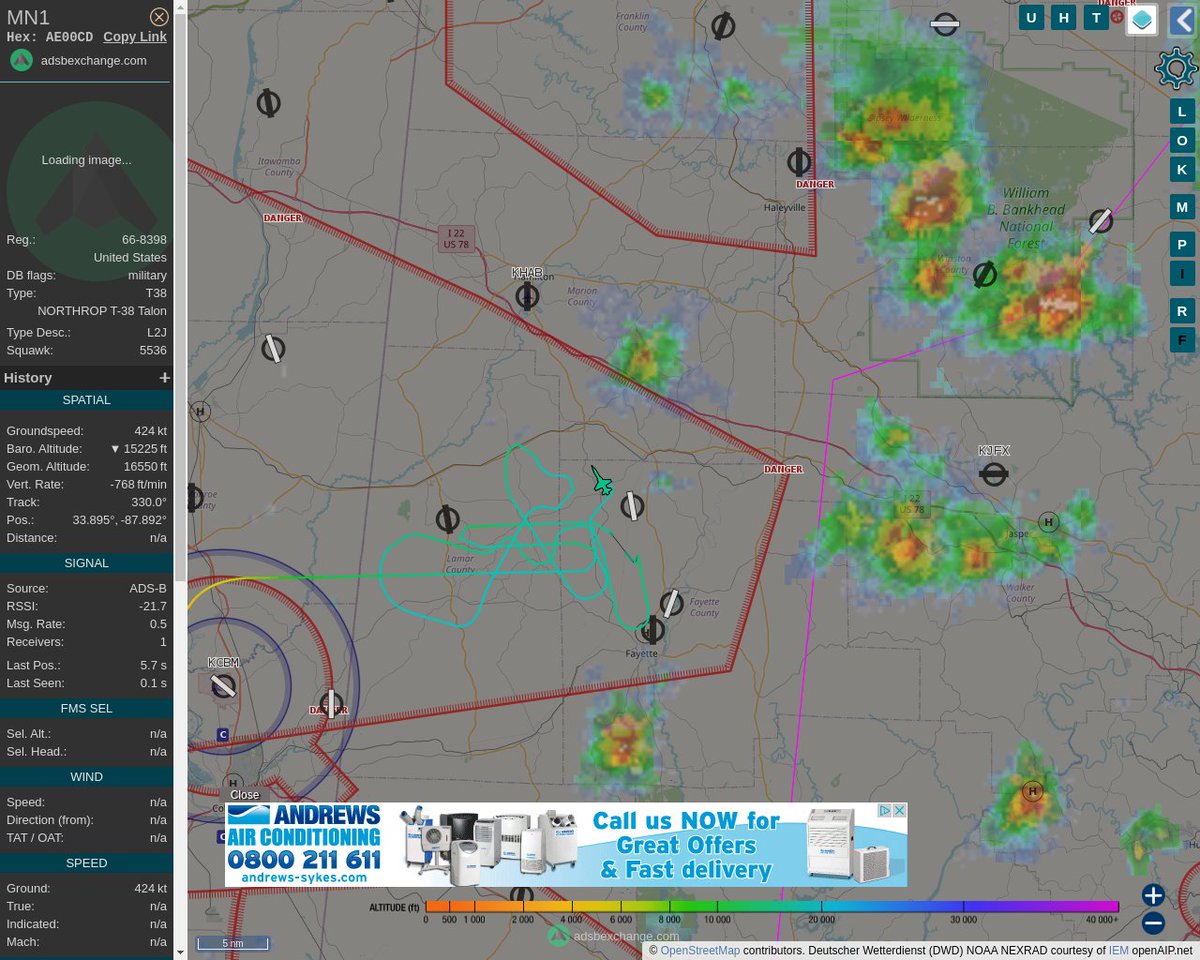 Radar_Assistant's tweet image. MULTI ADSBX MANOEUVRING ALERT : At time Thu Jul  7 22:27:05 2022 #MN1      was likely to be manoeuvring at FL156 9nm from FDF Fayette_NDB_US
 near unknown - geo locator service failed #AvGeek #ADSB globe.adsbexchange.com/?icao=AE00CD&amp;amp;z…