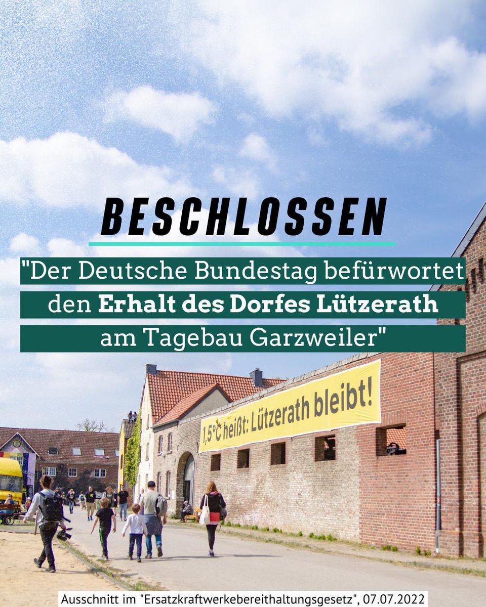 Eben hat der #Bundestag folgendes verabschiedet: „Der Deutsche Bundestag befürwortet zudem den Erhalt des Dorfes #Lützerath am Tagebau Garzweiler und den Verzicht auf die Nutzung der Braunkohle unter dem Dorf.“ 
#LützerathBleibt 💚