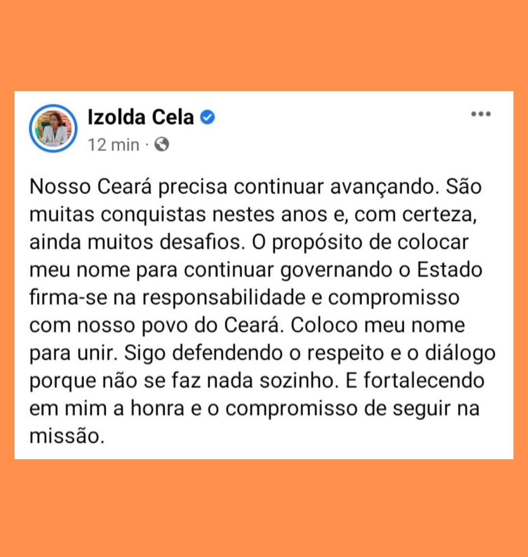A sensibilidade de uma mulher que segue firme com o propósito de trabalhar com o sentimento de união para seguir fazendo muito pelo Ceará.

👏 <a href="/IzoldaCelaCe/">Izolda Cela</a>