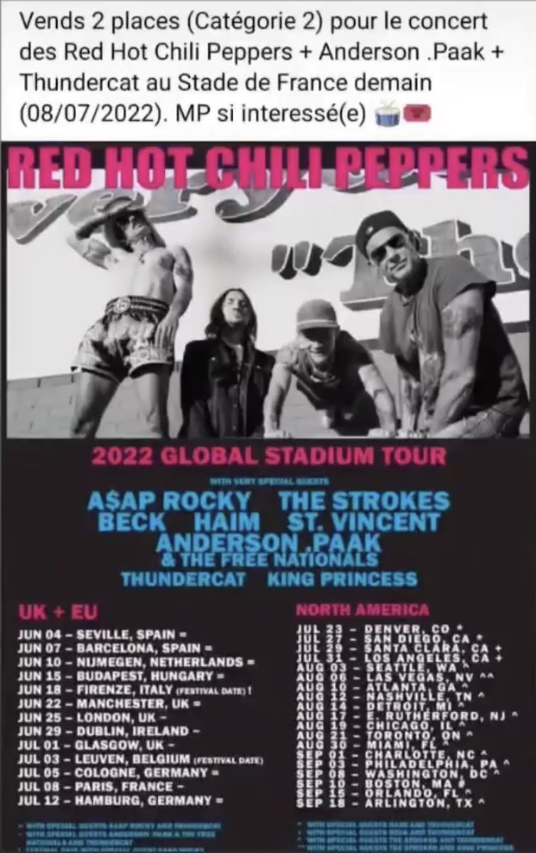 Vends 2 places (Catégorie 2) pour le concert des Red Hot Chili Peppers au Stade de France demain (08/07/2022). MP si interessé(e) 🥁🎟 #redhotchilipeppers #concert #StadeDeFrance