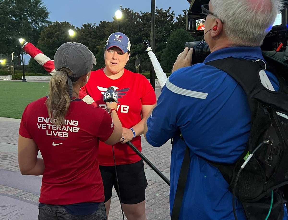 BrittanyWVTM13's tweet photo. Small part of a very big journey—🇺🇸 ♥️🤍💙.  @IanWVTM13 and I kicked off the final full day of Old Glory Relay yesterday. 44 day, 3100 miles across 15 states began in DC and TODAY the flag will be brought in @TWG2022 ! All in support of @TeamRWB - love to our veterans! @WVTM13 https://t.co/XKj3ND8tCV