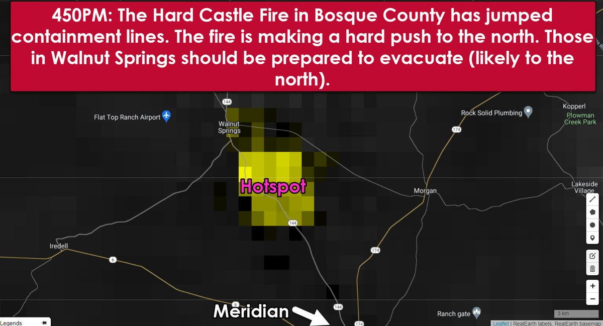 450PM: The #HardCastleFire in Bosque County has jumped containment lines. The fire is making a hard push to the north. Those in Walnut Springs should be prepared to evacuate (likely to the north). #txwx #txfire @DFWscanner