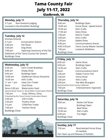 STC_FFA's tweet photo. Need something to do next week? Make plans to attend the Tama County Fair in Gladbrook to check out all of the hard work of your county 4-H and FFA members. https://t.co/QbuZ82aCMe