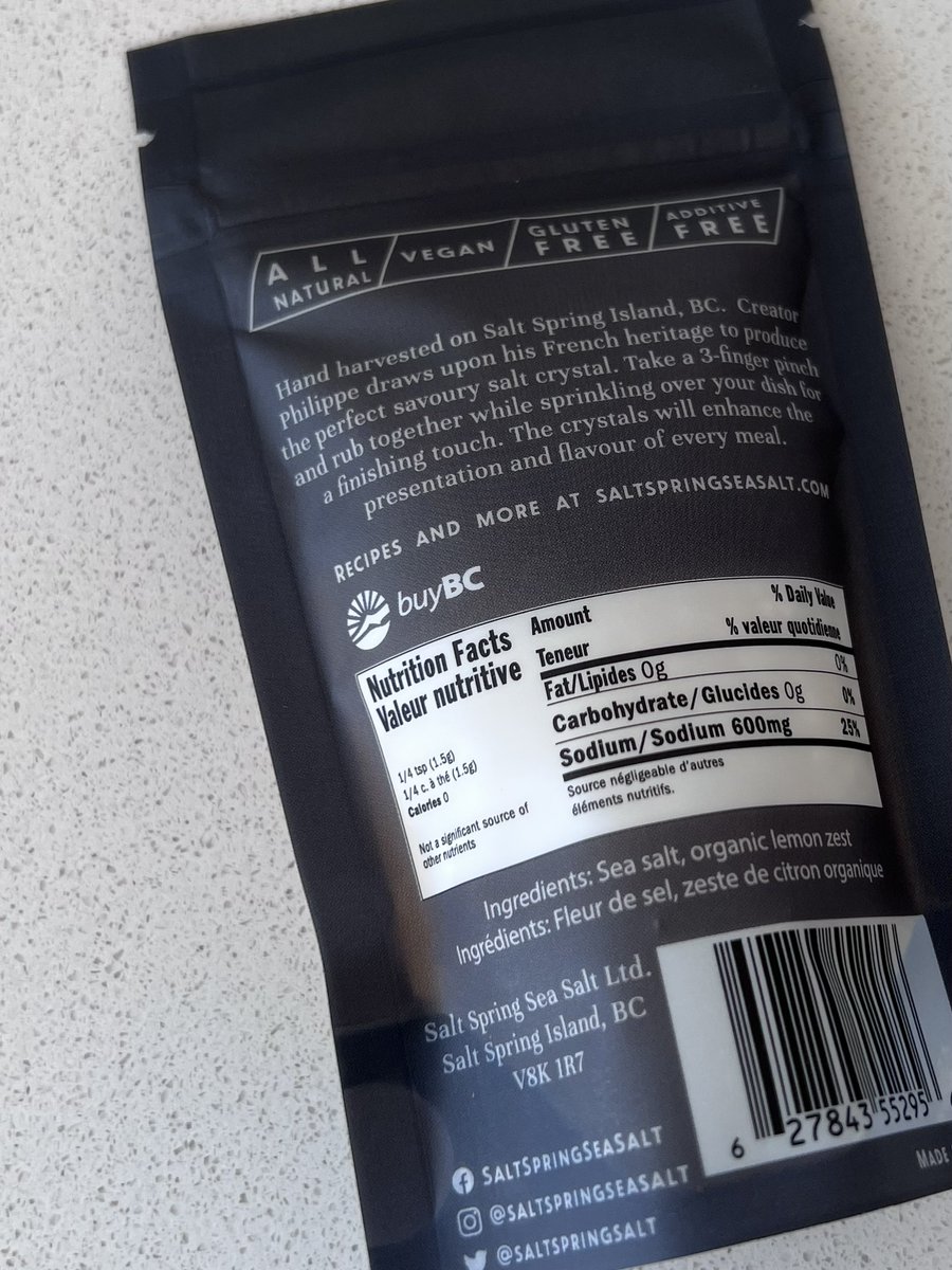 <a href="/saltspringsalt/">Salt Spring Sea Salt</a> is made with the finest hand-harvested fleur de sel crystals and infused with locally sourced ingredients.

Check out the different flavours:
•Lemon Zest
•Balsamic
•Blackberry 
•Smoked Mesquite
•Pinot Noir
•Chocolate
•Jalapeno Lime

#BuyBC