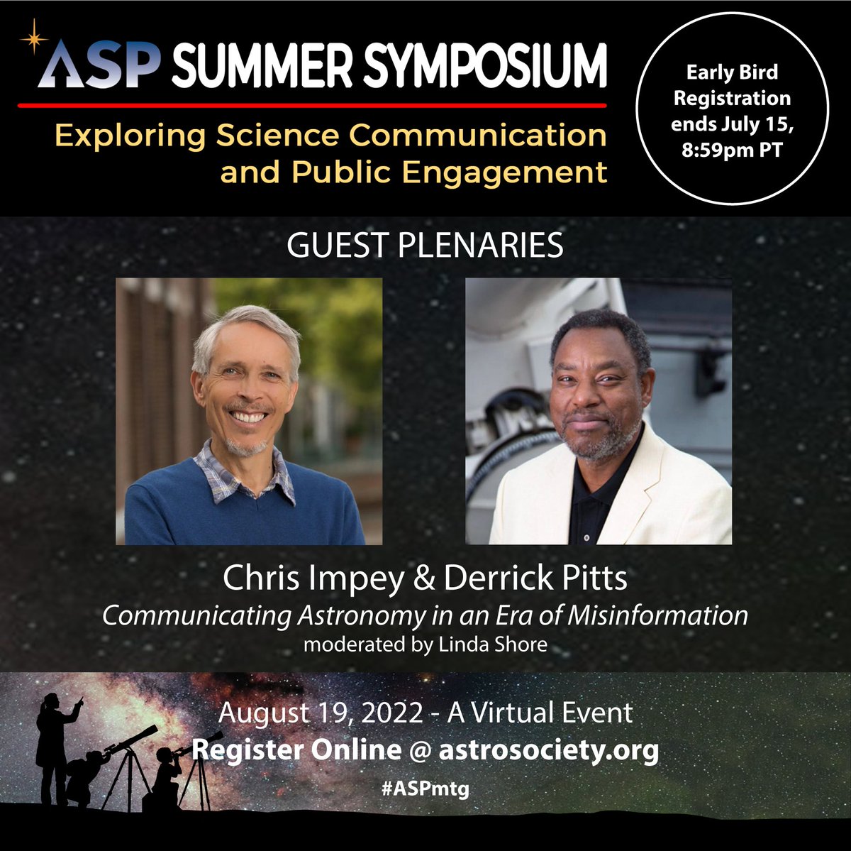 AstroSocietyPac's tweet photo. Discover how Astronomers battle Science Denial &amp; Misinformation. Join Chris Impey &amp; Derrick Pitts August 19 as part of ASP Summer Symposium 2022. One week until Early Bird Registration Ends - July 15. Visit https://t.co/laSP0Ic8UC #aspmtg #astronomy #stem #Science  #educators
20h https://t.co/GDyp3T8k8g
