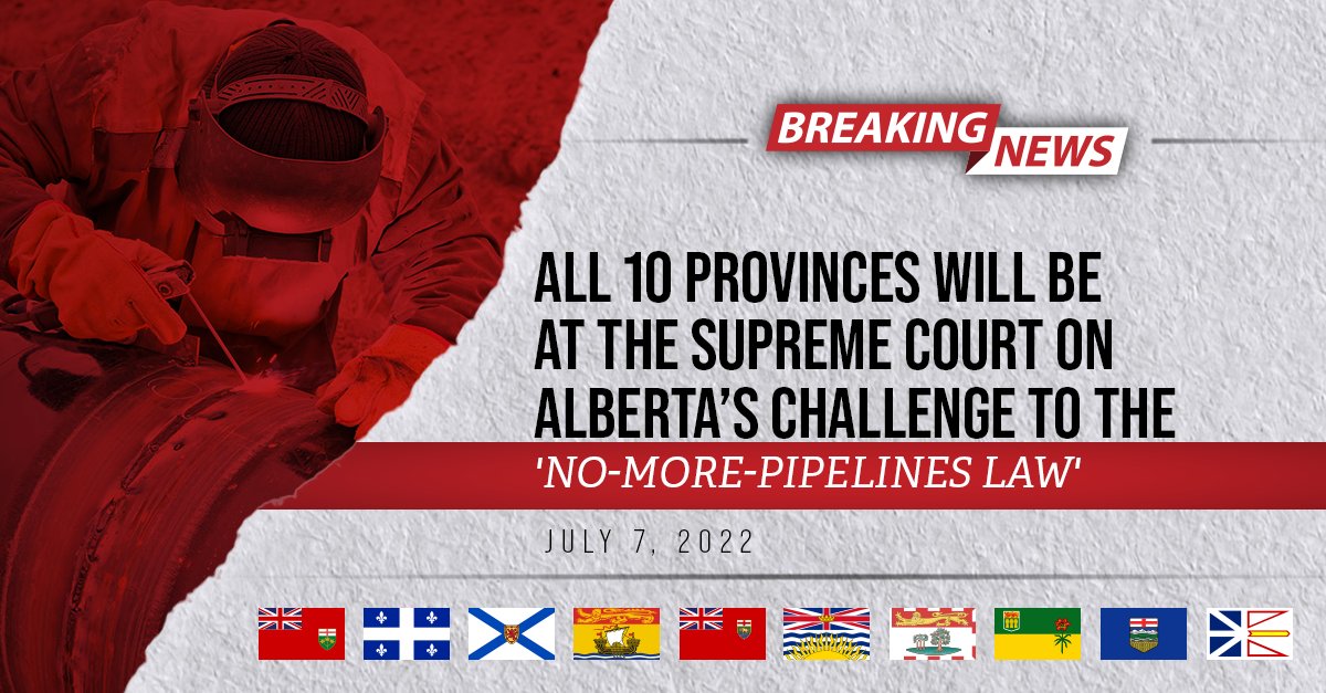 jkenney's tweet photo. BREAKING

All ten provincial governments have applied for intervener status in the Supreme Court appeal of Alberta's constitutional challenge of the 'No More Pipelines Law,' Bill C-69.

My statement ➡ https://t.co/QdokJtTkcc https://t.co/CRSN9re2i3