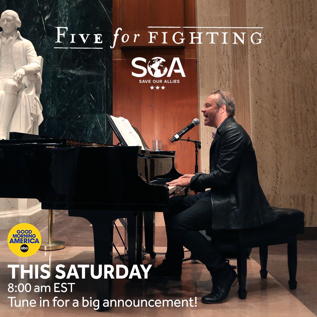 Tune into <a href="/GMA/">Good Morning America</a> during the 8 AM EST hour on Saturday morning - Save Our Allies and our partner, <a href="/johnondrasik/">John Ondrasik</a> of Five for Fighting have a big announcement. You will not want to miss it!
#FiveForFighting #JohnOndrasik #Superman  #FiveForFightingSuperman #Ukraine #StandWithUkraine