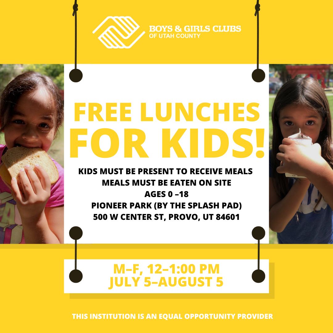 ProvoParks's tweet photo. The Boys &amp; Girls Clubs of Utah County will be offering free lunches for kids aged 0-18 at Pioneer Park, M-F until August 5th.
@provocity https://t.co/qZH8pnzlVe