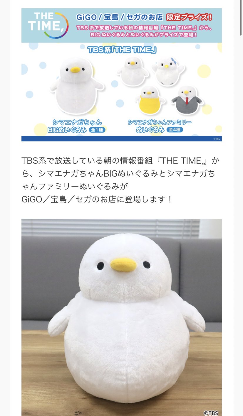 TBS The Time　しまえなが　ぬいぐるみセット TBS系で放送している朝の情報番組『THE TIME,』から、シマエナガ