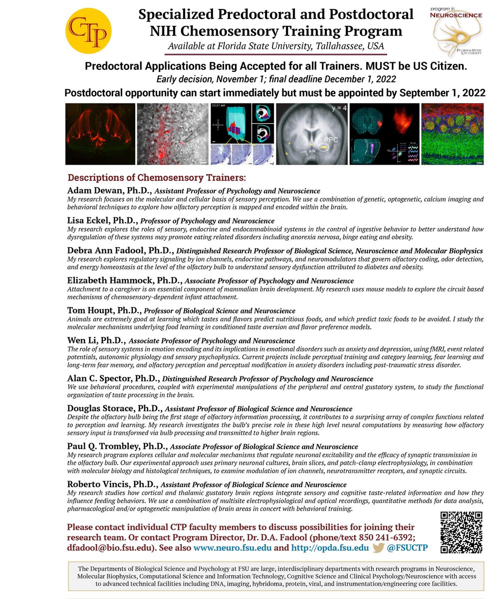 FSUCTP's tweet photo. Looking 4 a mentored #postdoc opportunity?  2y stipend, TRE account 11k/yr, insurance/retirement, must be appointed by 9/1, 30-yr #NIH training prog in chemical senses at #fsu @NIDCD, supportive fac preceptors, prof develop @AchemsInfo @jfadoollab @FSUNeuroscience DM @dfadool https://t.co/Z3YXYQxp0a