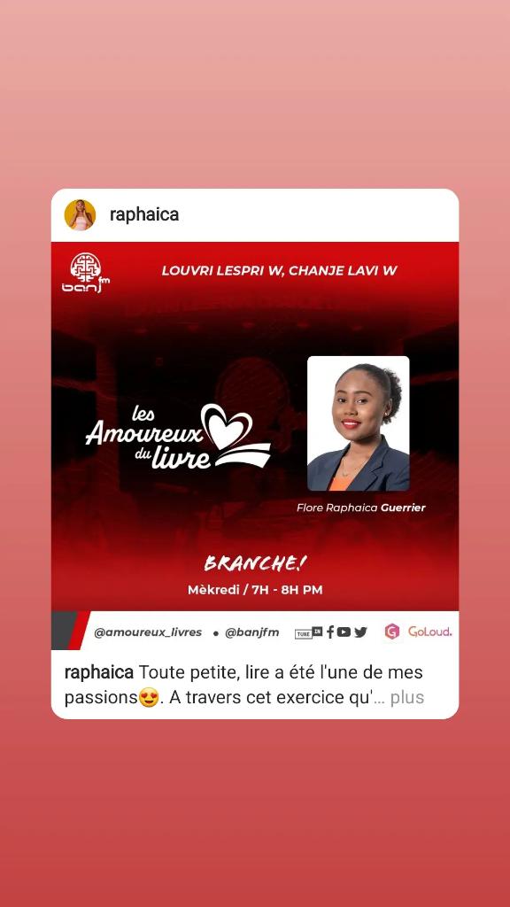 guerrier_flore's tweet photo. #Lesamoureuxdulivre attend tous les amants de la littérature tous les mercredis sur @BanjFm entre 7h-8h pm, aussi sur les plateformes digitales. Restez branché💎❤️. https://t.co/cxuQlKwyXP