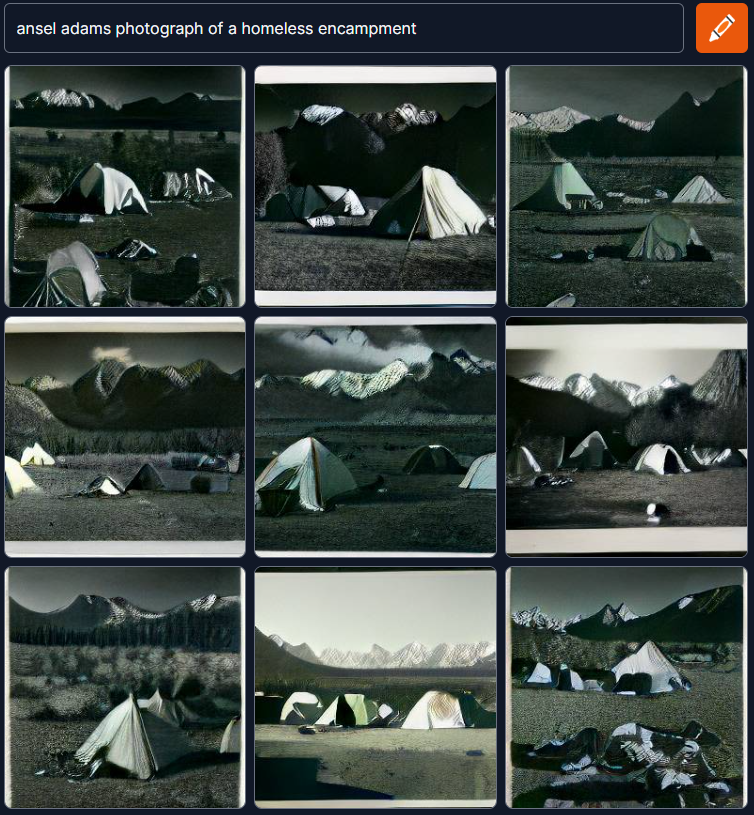 CursedDallEGens's tweet photo. Ansel Adams photograph of a homeless encampment. #dalle #weirddalle #dallemini #curseddalle #craiyon #anseladams #homelessness https://t.co/gX8DuSB5HA