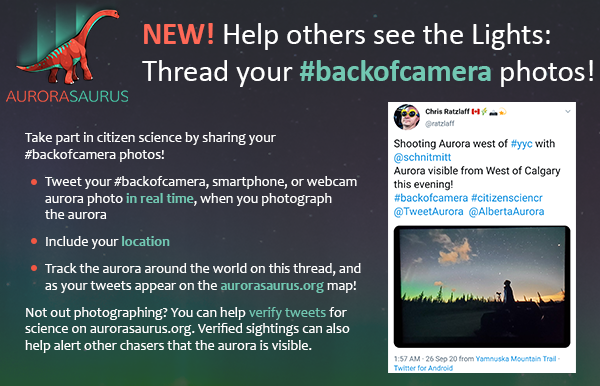 TweetAurora's tweet image. Been enjoying getting those SWPC alerts today! While the aurorasaurus.org site is undergoing maintenance, let's start a #backofcamera thread to watch night (and maybe Lights?) sweep across the world! If you see aurora, thread a reply below!🦕✨